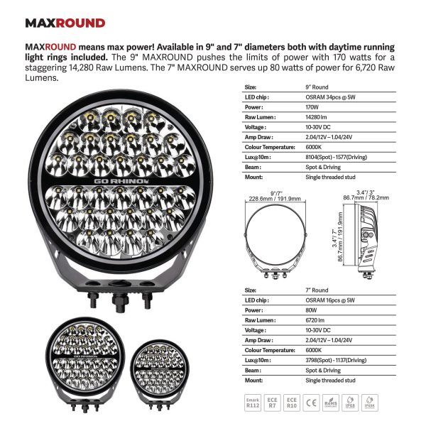 Go Rhino750800711SRS - Blackout Series Lights - 7" Round LED Spot Light Beam With Daytime Running Light -  Black