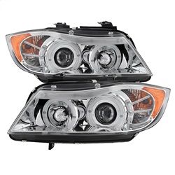 (Spyder) - 4DR Projector Headlights - LED Halo - Amber Reflector - Replaceable Eyebrow Bulb - Chrome - High H1 (Included) - Low H7 (Included)