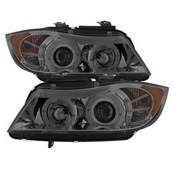 (Spyder) - 4DR Projector Headlights - LED Halo - Amber Reflector - Replaceable Eyebrow Bulb - Smoke- High H1 (Included) - Low H7 (Included)